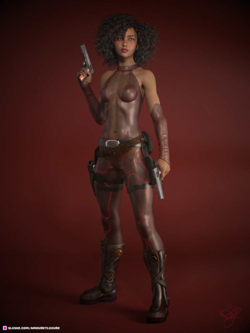 1girls 2020 3d amouretluxure black_hair boots clothed clothing curly_hair dark-skinned_female dark_skin dual_wielding female female_only holding_pistol livy_(amouretluxure) medium_breasts nipple_bulge nipples_visible_through_clothing original_character red_background red_eyes sci-fi science_fiction see-through_clothing solo solo_female standing translucent_latex