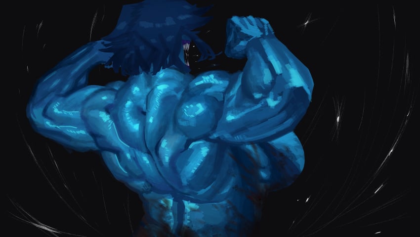 back big_breasts blue_skin breasts cinkoji color colored female monnie_(cinkoji) muscle muscles muscular muscular_arms muscular_back muscular_female oc original original_character saliva sharp_teeth solo sweat sweating yellow_eyes