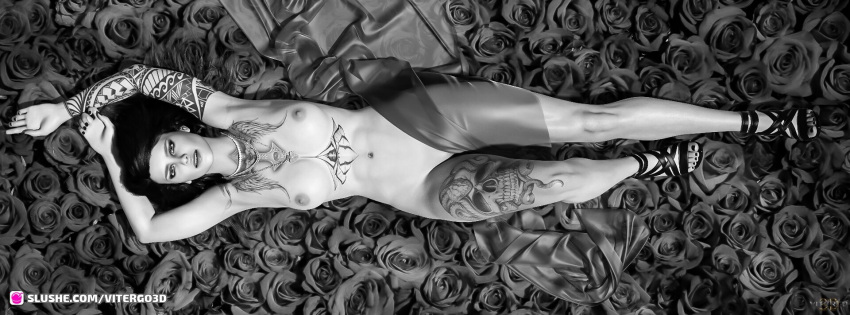 1girls 2023 3d amanda_(vitergo3d) arm_tattoo arms_up bed_of_roses chest_tattoo female female_only grayscale greyscale large_breasts leg_tattoo looking_at_viewer nude nude_female original_character rose rose_(flower) skull_tattoo solo solo_female spider_tattoo tattoo tattoos viewed_from_above vitergo3d