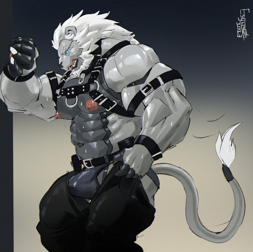 2023 abs anthro armband artist_name ass beard belt biceps black_bottomwear black_clothing black_pants blue_eyes bottomwear bottomwear_down bracelet bulge claws clothed clothing esganoth esgar eyewear facial_hair felid finger_claws fur glasses gradient_background grey_body grey_fur hair harness hi_res hires jewelry jockstrap leaning_on_wall leather leather_bottomwear leather_bracelet leather_clothing leather_harness leather_pants lion male male_only mammal mane multicolored_body multicolored_fur muscular muscular_anthro muscular_male navel nipples obliques open_bottomwear open_clothing open_mouth open_pants pantherine pants pants_down partially_clothed pecs simple_background solo tail tail_tuft tight_pants_(meme) triceps tuft underwear white_hair white_mane wristband