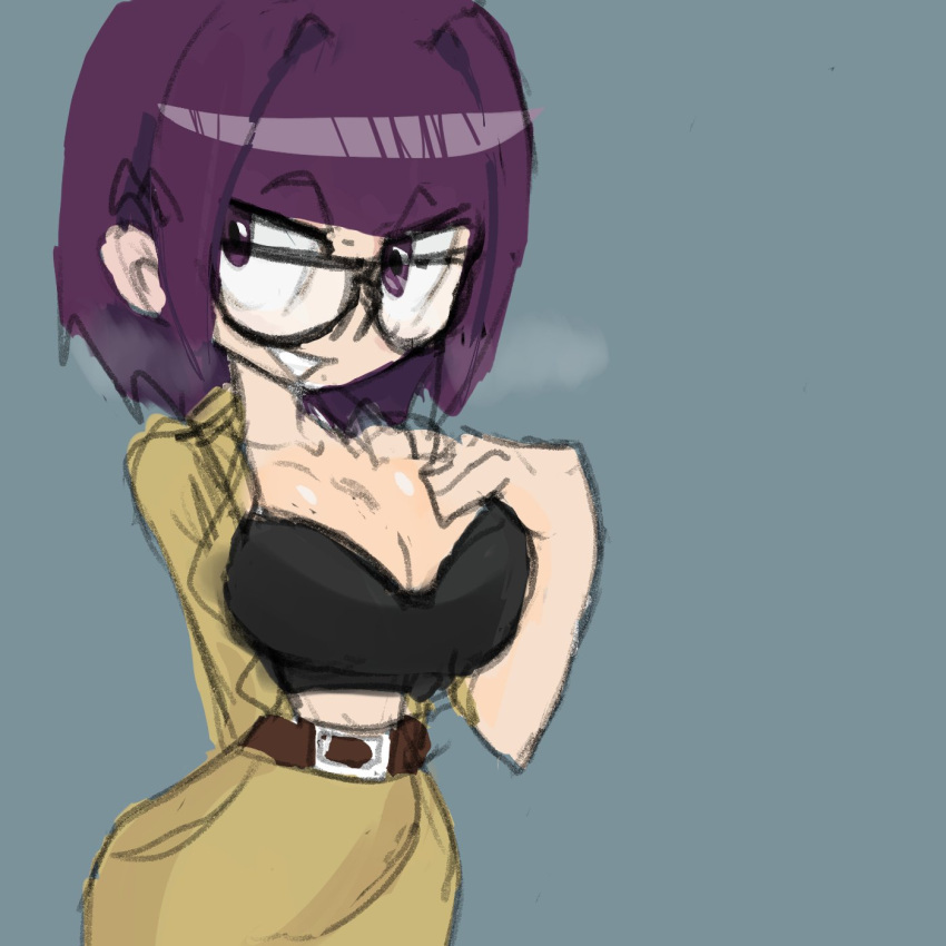 belt black_bra bra cleavage clothing dinocore glasses hand_on_breast huge_breasts kaya_(dinocore) looking_to_the_side purple_hair revealing_breasts