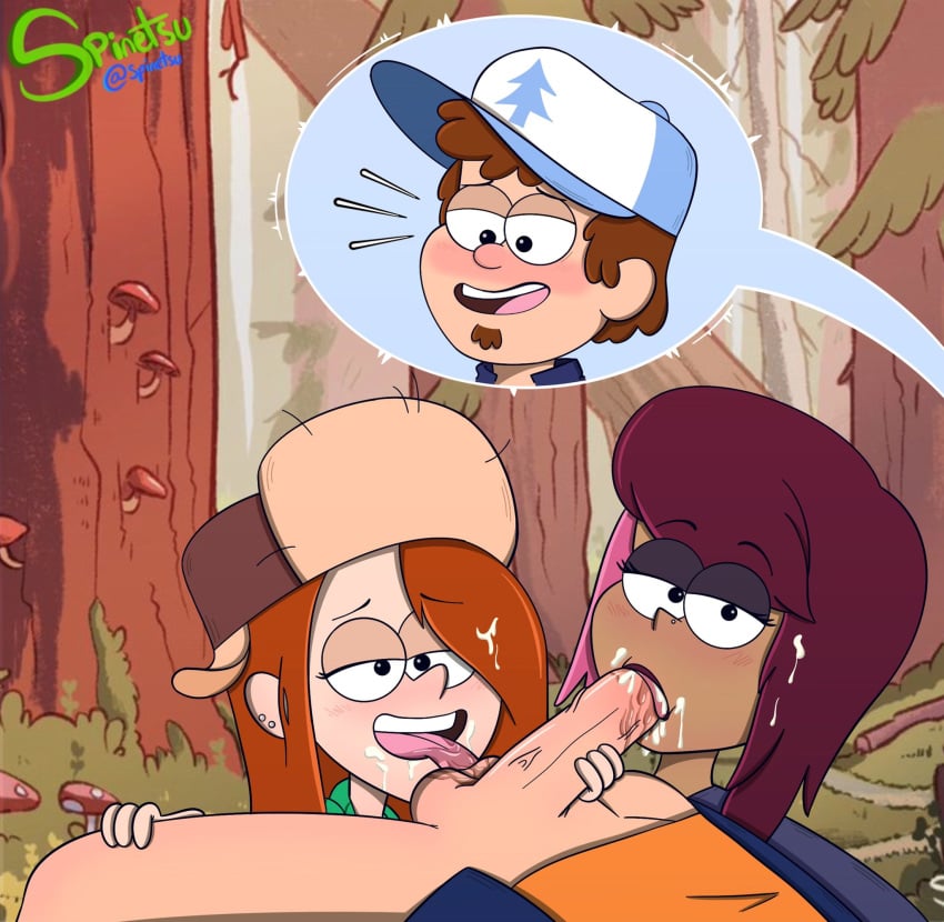 1boy 2girls aged_up artstyle_imitation auburn_hair baseball_cap bedroom_eyes blowjob blush blush_lines bottomless_male brown_hair collaborative_fellatio cum cum_drip cum_on_face cum_on_hair dark-skinned_female dipper_pines double_blowjob dyed_hair explicit eyeshadow facial fellatio female ffm_threesome forest ginger gravity_falls hand_on_leg hand_on_penis hat hetero jacket licking_balls licking_penis licking_testicles light-skinned_male looking_at_viewer lowered_eyelids male multiple_girls mushroom nature_background oral oral_sex orange_shirt outdoor_sex outdoors_sex pale-skinned_female penis penis_in_mouth pine_tree_(symbol) purple_hair red_hair redhead saliva sex shirt smiling smooth_skin soul_patch spinetsu straight streaked_hair tambry teamwork threesome tree uncensored ushanka veiny_penis wendy_corduroy