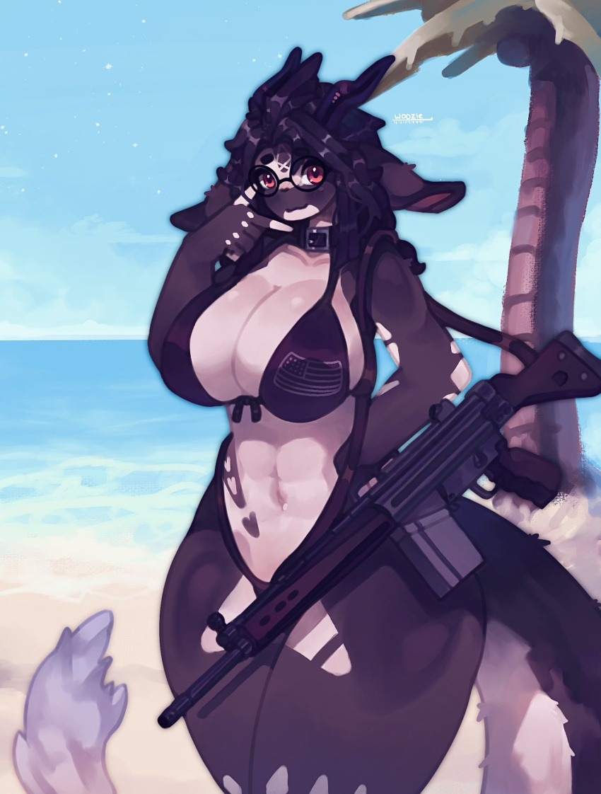 anthro battle_rifle beach big_breasts bikini black_body black_hair breasts chabett clothing collar dragon eyewear female glasses gun hair hi_res hk_g3 horn huge_breasts looking_at_viewer ranged_weapon red_eyes rifle seaside smiling smiling_at_viewer solo swimwear thick_thighs two_tone_body weapon white_body woozie