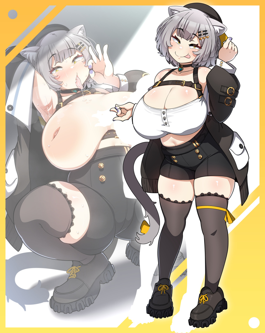 1girls absurdres animal_ear_fluff animal_ears bandeau black_choker black_footwear black_shorts black_thighhighs blue_nails breasts breasts_out cat_ears cat_girl cat_tail choker fellatio_gesture female female_only gigantic_breasts grey_hair highres huge_breasts inverted_nipples kemonomimi konoshige_(ryuun) large_areolae original original_character ryuun_(stiil) shoes short_hair short_shorts shorts shortstack smile sneakers solo tail thighhighs tongue tongue_out white_bandeau yellow_eyes zoom_layer