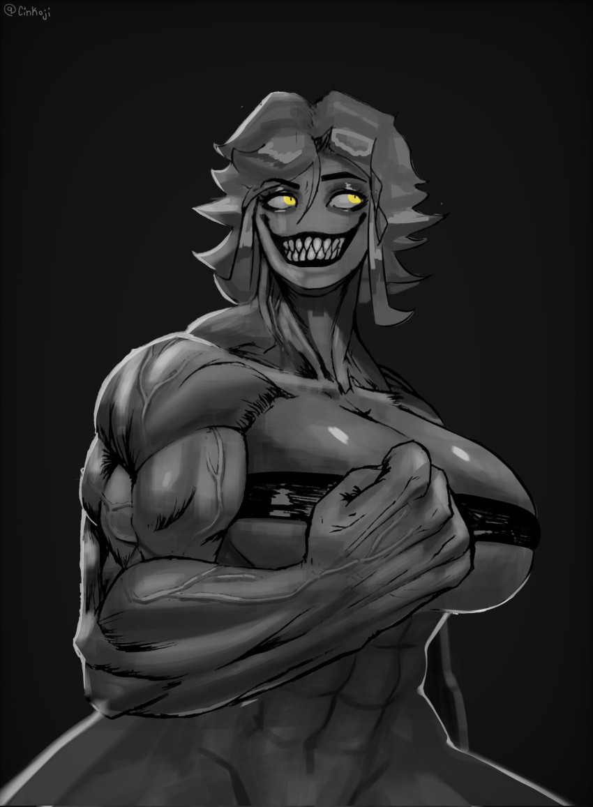 big_breasts big_thighs black_and_white blue_hair breasts cinkoji female fist monnie_(cinkoji) muscle muscles muscular muscular_arms muscular_female oc original original_character sharp_fingernails sharp_nails sharp_teeth smile smiling solo solo_female thighs yellow_eyes