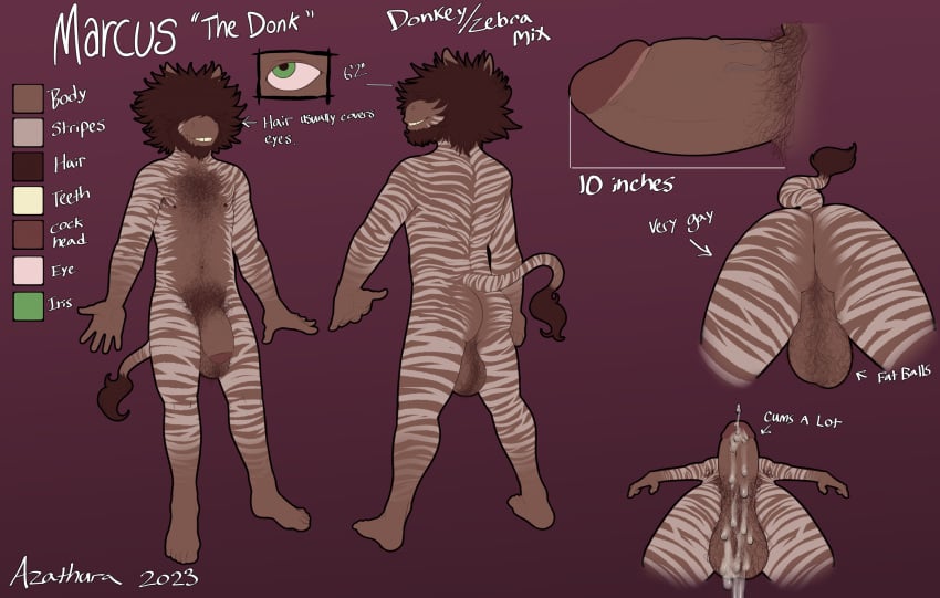 anthro asinus ass azathura backsack balls bodily_fluids brown_body brown_fur cum donkey equid equine fur genital_fluids genitals hi_res hybrid male male_only mammal marcus_(azathura) model_sheet nude penis pubes solo stripes thick_penis zebra