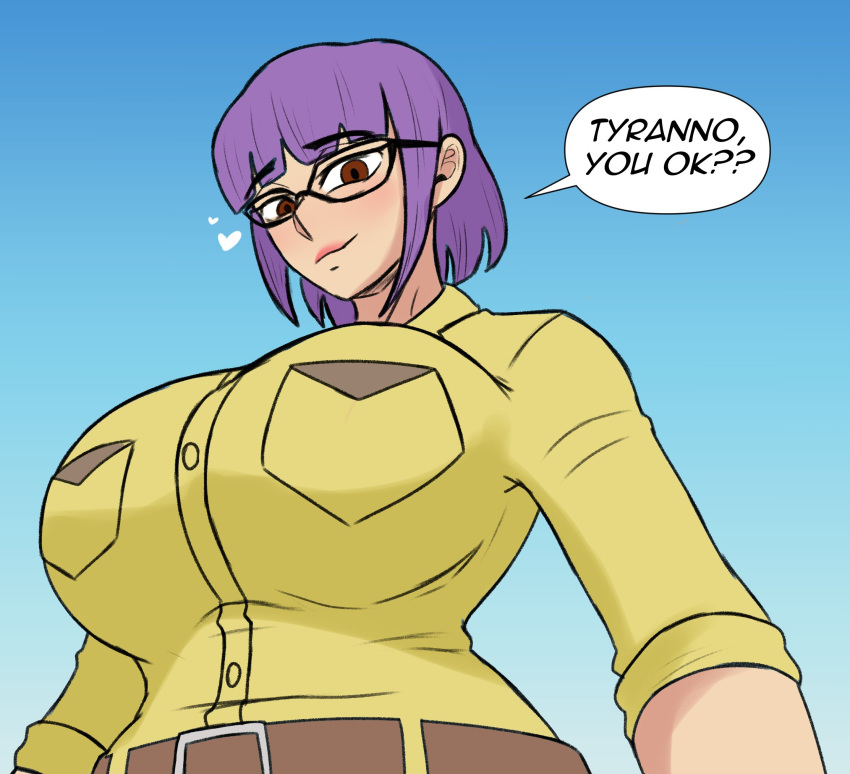 bangs blue_background breasts dialogue dinocore glasses huge_breasts kaya_(dinocore) looking_at_viewer purple_hair