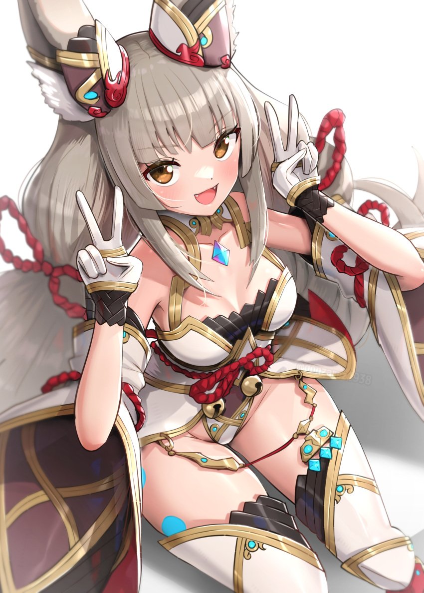 1girls absurd_res bare_shoulders boots breasts cat_ears catgirl core_crystal curvy detached_sleeves facial_markings fangs female female_only gloves gonzarez grey_hair highres hourglass_figure leotard long_hair looking_at_viewer medium_breasts midriff monolith_soft navel nia nia_(xenoblade) nintendo open_mouth peace_sign red_ribbon ribbon smile thick_thighs thigh_boots thighhighs thighs twintails very_long_hair viewed_from_above voluptuous white_boots white_gloves white_leotard white_thighhighs wide_hips xenoblade_(series) xenoblade_chronicles_2 yellow_eyes