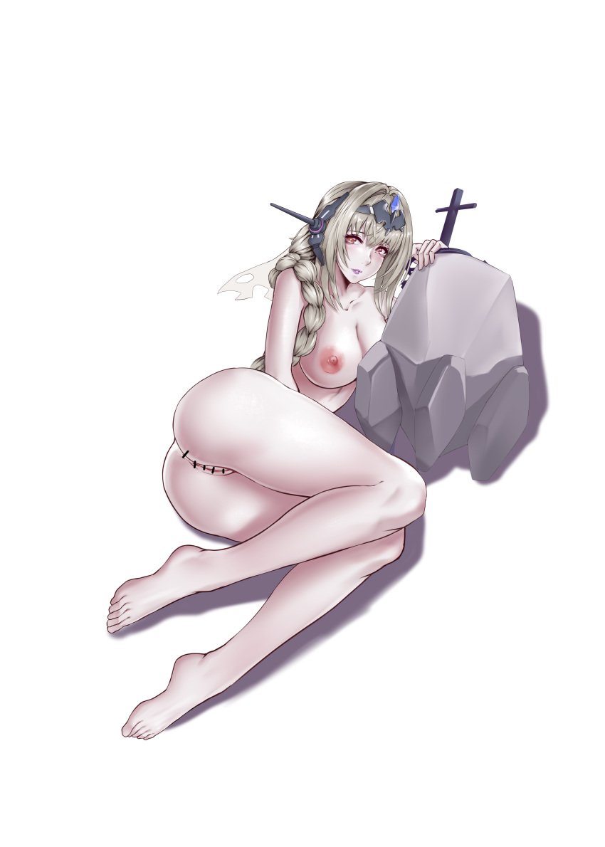 1girls bianca:_stigmata_(punishing:_gray_raven) bianca_(punishing:_gray_raven) blonde_hair censored completely_nude feet female full_body headgear hei_ling large_breasts nude punishing:_gray_raven purple_eyes pussy robot_girl rock solo toes