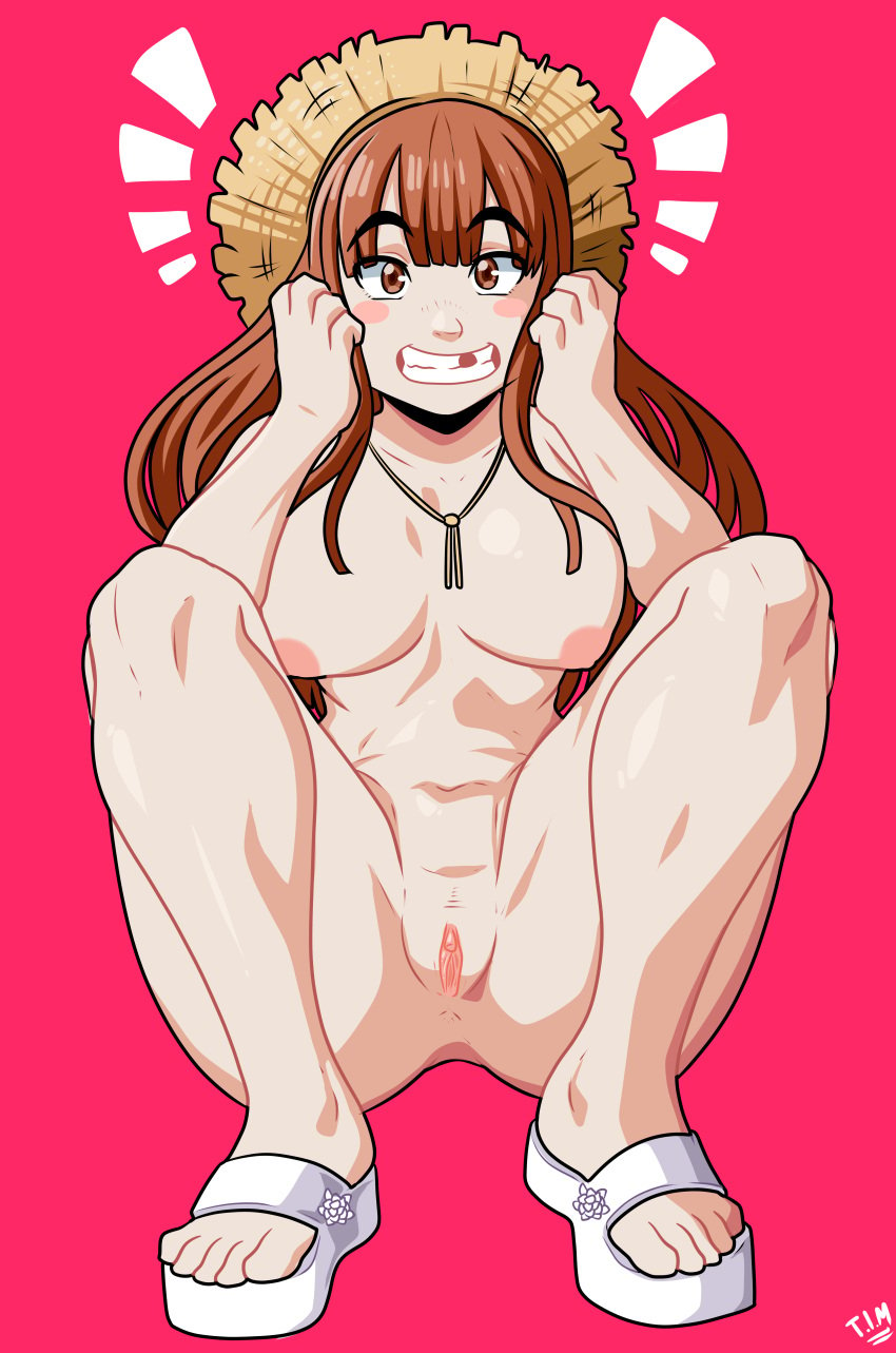 big_breasts blush brown_eyes brown_hair heels looking_at_viewer missing_tooth oyasumi_punpun solo_female squatting straw_hat tanaka_aiko theironmountain