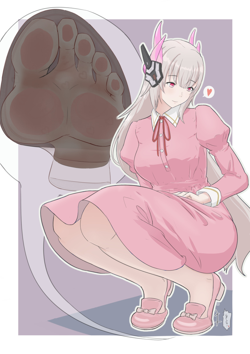 1girls blush crouch dress feet female female_focus foot_fetish foot_focus full_body headgear liv_(punishing:_gray_raven) long_hair pajamas pink_eyes punishing:_gray_raven robot_girl see-through shoes smile toes white_hair x-ray