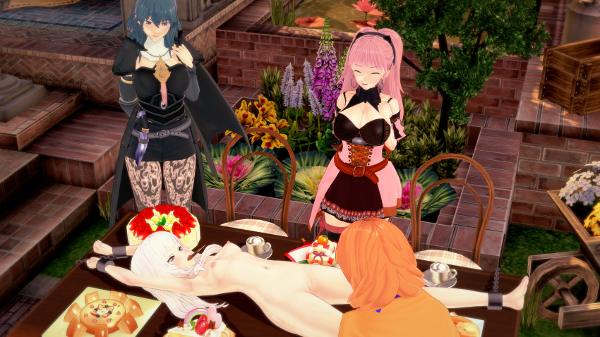 3d angry annette_fantine_dominic bondage bound bound_wrists byleth_(fire_emblem) byleth_(fire_emblem)_(female) cake chains completely_nude embarrassed embarrassed_nude_female enf exhibitionism exposed female female_only femdom femsub fire_emblem fire_emblem:_three_houses food food_play hilda_valentine_goneril humiliation koikatsu lysithea_von_ordelia multiple_girls nintendo nude nude_female nyotaimori small_breasts yumi_(artist)