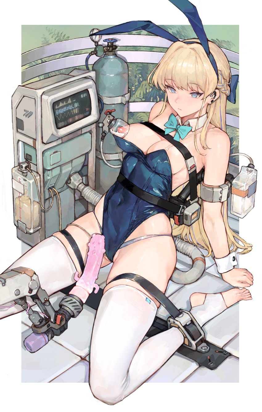 absurdres animal_ears arm_support blonde_hair blue_archive blue_eyes blue_leotard bondage bound breasts bunny_ears bunnysuit cleaning_&_clearing_(blue_archive) crystal_haniwa_(blue_archive) cuffs dildo female halo haniwa_(statue) highres iuui lactation large_breasts leotard long_hair milking_machine nipples playboy_bunny rabbit_ears sex_toy solo strapless strapless_leotard thighhighs toki_(blue_archive) toki_(bunny)_(blue_archive) white_thighhighs wrist_cuffs