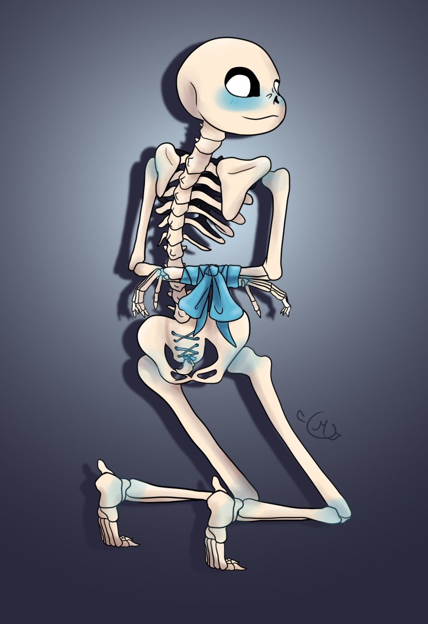 2021 animated_skeleton arms_behind_back blue_blush blush bound_wrists gradient_background grey_background inktober kneel looking_at_viewer meridasia naked nude sacrum_lacing sans simple_background skeleton solo tied_arms tied_up tied_wrists undertail undertale undertale_(series)