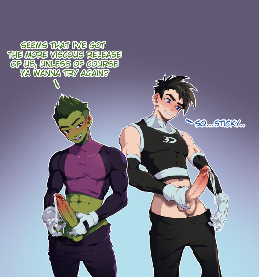 2boys 2d 2d_(artwork) abs balls ballsack beast_boy beast_boy_(young_justice) blue_eyes boner brown_eyes brown_hair crossover cum cumming danny_fenton danny_phantom dc dc_comics erection foreskin foreskin_folds fully_retracted_foreskin garfield_logan gay green_hair green_skin human humanoid humanoid_penis intact male male/male male_only male_pubic_hair masturbation muscles muscular muscular_male nickelodeon penis penis_out precum precum_drip retracted_foreskin scrotum shiochigo simple_background smooth_penis teen_titans testicles uncircumcised yaoi young_justice young_justice:_outsiders young_justice:_phantoms