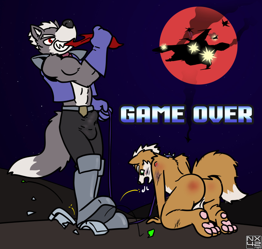 absurd_res anthro arwing ass blood_moon boots bottomwear bruised bulge canid canine canis clothing collar defeated defeated_hero duo explosion footwear fox fox_mccloud game_over gameplay_mechanics great_fox hi_res immelmann leash leather leather_bottomwear leather_clothing leather_pants male male/male mammal mercenary moon nintendo pants scratches sky sonicality spacecraft star star_fox starry_sky stomping topwear vehicle vest wolf wolf_o'donnell wolfen wounded