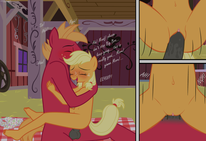 absurd_res anthro applejack_(mlp) barn big_macintosh_(mlp) brother brother_and_sister clitoris comic duo equid equine female friendship_is_magic genitals hasbro hi_res horse incest male male/female mammal my_little_pony nude penetration penile penile_penetration penis penis_in_pussy pony pussy sex sibling sister smooth_skin tolpain vaginal_penetration young young_on_young