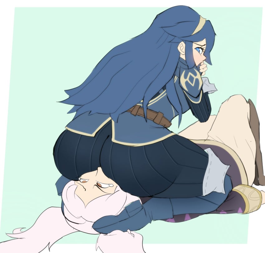 2girls ass ass_on_face blue_background blue_eyes blue_hair brown_eyes facesitting female female_only fire_emblem fire_emblem_awakening hairband looking_back lucina_(fire_emblem) nintendo protorepulsive rear_view repulsiveproto robin_(fire_emblem) robin_(fire_emblem)_(female) white_hair yuri