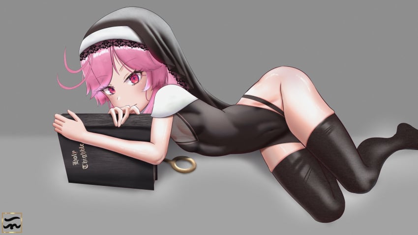 1girls black_stockings book clothed clothing eien_project female female_only hermit_(hermit_at_night) kiki_lockheart light-skinned_female light_skin looking_at_viewer nun nun's_habit pink_eyes pink_hair small_breasts solo star-shaped_pupils stockings symbol-shaped_pupils virtual_youtuber