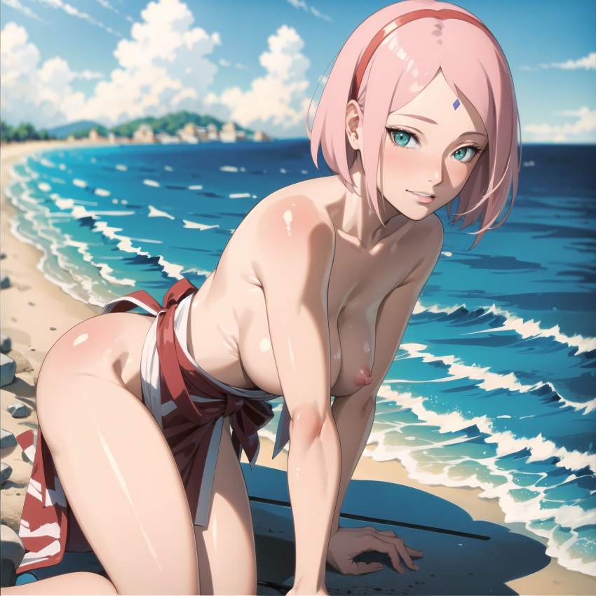 ai_generated alyxra beach bent_over bikini bikini_bottom blush boruto:_naruto_next_generations breasts female female_focus green_eyes jordan53 kneeling looking_at_viewer milf naruto nipples outdoors pink_hair pixiv public_topless sakura_haruno seaside solo stable_diffusion swimsuit topless topless_female