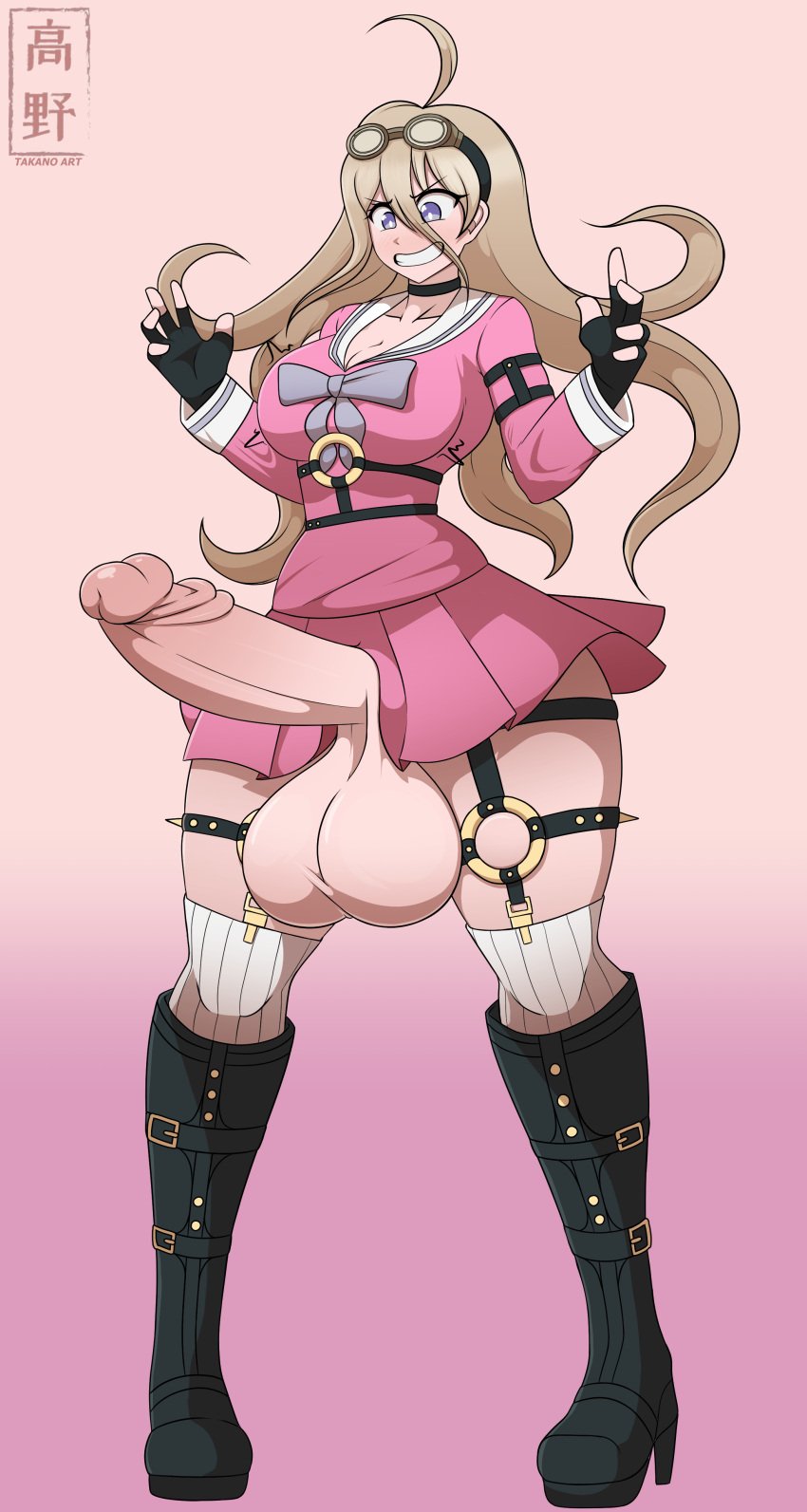 1futa ahoge balls big_breasts big_hips blonde_hair bottomless breasts clothed clothing danganronpa erection futa_only futanari huge_balls huge_cock human iruma_miu light-skinned_futanari light_skin long_hair mostly_clothed penis pink_background pink_clothing smooth_balls smooth_penis smooth_skin solo standing takano_(artist) thick_thighs watermark wide_hips