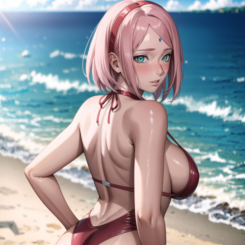 ai_generated alyxra beach bikini blush breasts female female_focus from_behind green_eyes jordan53 looking_at_viewer milf naruto outdoors pink_hair sakura_haruno seaside solo stable_diffusion swimsuit