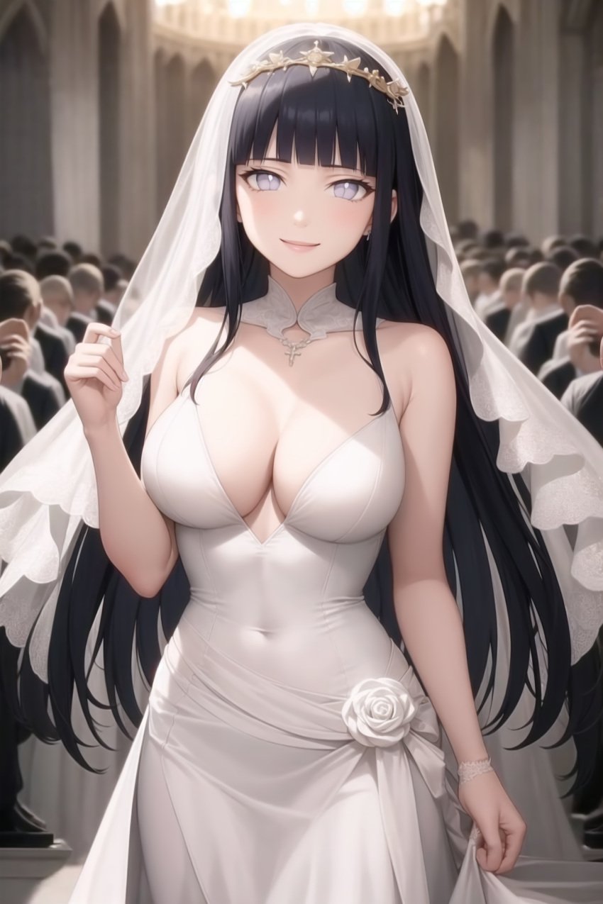 1girls ai_generated black_hair bride cleavage crowd female hi_res highres hyuuga_hinata implied_marriage long_hair married naruto naruto_shippuden pixai smile wedding_ceremony wedding_dress wedding_veil white_eyes