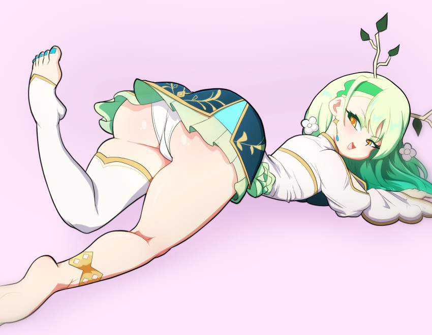 1girls ass big_ass big_butt ceres_fauna green_hair hololive hololive_english hololive_english_-council- hololive_english_-promise- laying_down laying_on_stomach looking_back one_thighhigh orange_eyes protorepulsive rear_view repulsiveproto smile solo_female thighhighs toeless_legwear virtual_youtuber white_legwear white_panties white_thighhighs