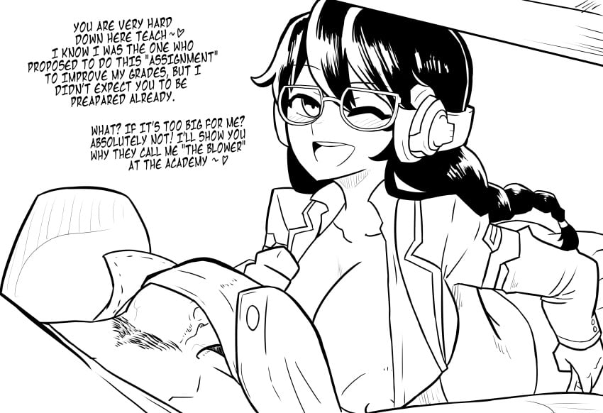 academy_d.va big_breasts big_penis black_and_white d.va female glasses overwatch text twin_braids twintails vkid