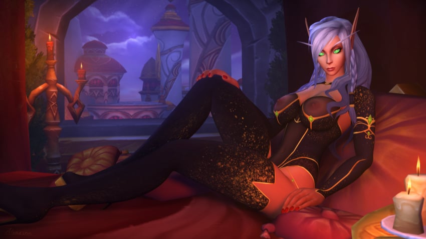 1girls 3d alvarina big_breasts blizzard_entertainment blood_elf green_eyes high_heels light-skinned_female light_skin lynthia original_character platinum_blonde_hair see-through see-through_clothing solo thick_thighs thighhighs warcraft world_of_warcraft