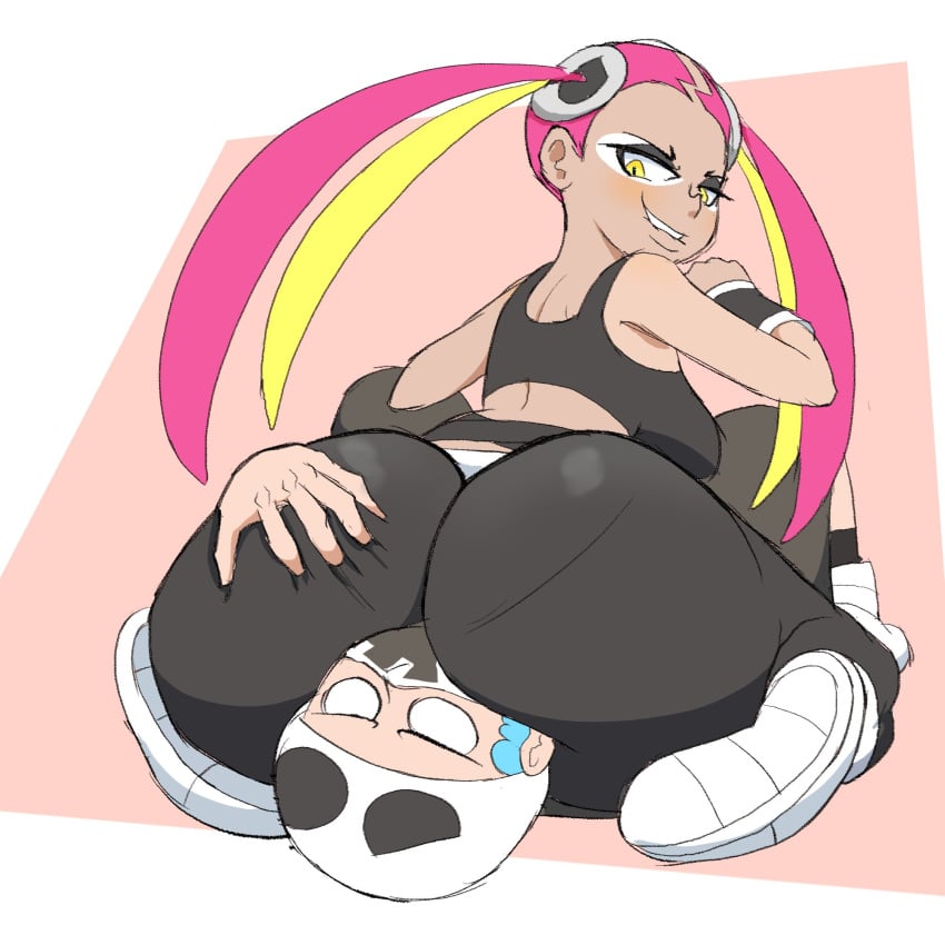 1boy 1girls ass ass_grab ass_on_face big_ass big_butt biting_lip bubble_butt facesitting looking_back multicolored_hair nintendo pink_hair plumeria_(pokemon) pokemon pokemon_sm protorepulsive rear_view repulsiveproto smile team_skull team_skull_grunt team_skull_grunt_(male) thick_thighs tupp_(pokemon) twintails yellow_eyes yellow_hair