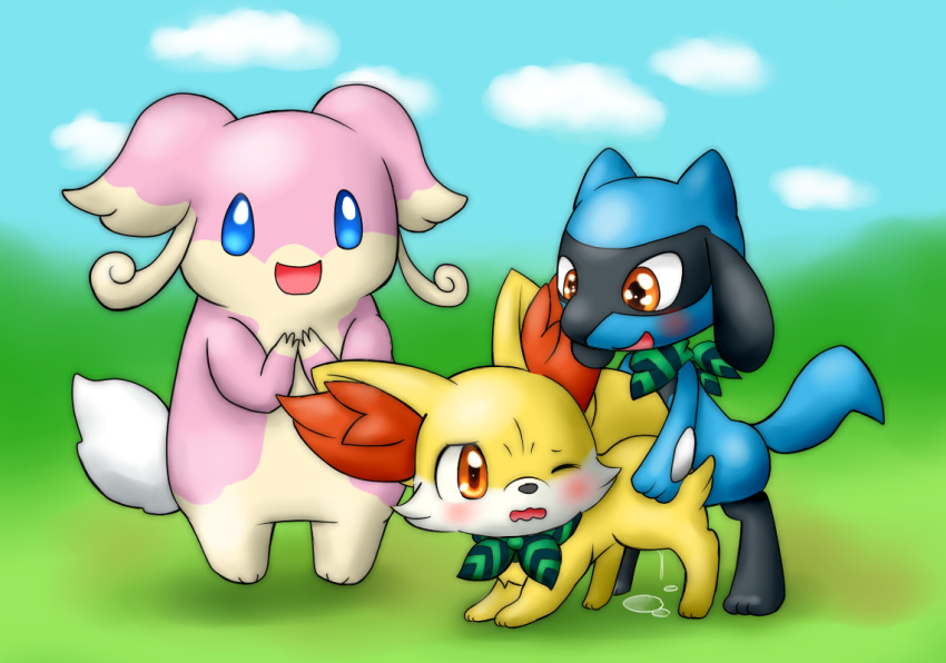 1boy 1girls animal_ear_fluff audino bandana blue_fur blush fennekin from_behind furry grass mimix no_humans one_eye_closed open_mouth orange_eyes outdoors pokemon pokemon_mystery_dungeon riolu straight wavy_mouth wink