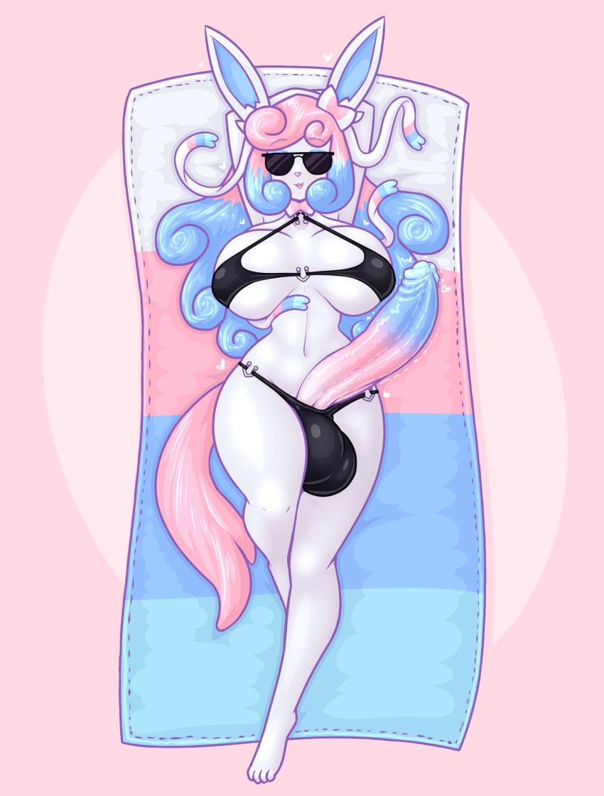 absurd_res anthro balls beach_towel big_balls big_breasts big_penis blue_hair breasts clothing eeveelution eyewear futanari generation_6_pokemon genitals gynomorph hair heart hi_res huge_balls huge_breasts huge_cock ichigo_(hoodielazer) intersex limebreaker lying multicolored_hair navel nintendo on_back open_mouth penis pink_hair pokemon pokemon_(species) smile solo sunglasses swimwear sylveon tail thick_thighs towel wide_hips ych ych_result