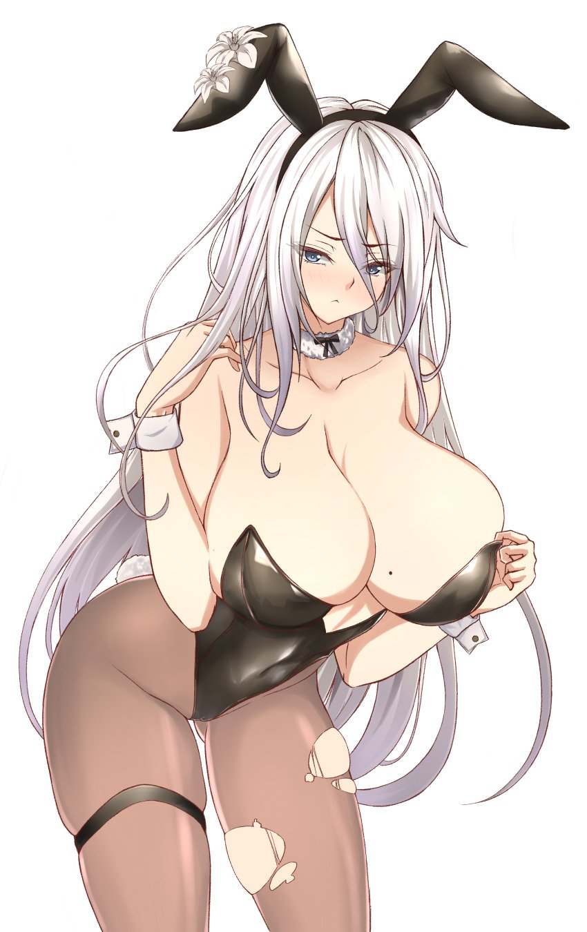 1girls absurdres android ass_visible_through_thighs bare_shoulders bow bowtie breasts bunnysuit cametloe cleavage female frown hair_between_eyes highres leaning_forward leotard long_hair nier nier:_automata pantyhose simple_background solo thigh_strap torn_clothes torn_pantyhose very_long_hair white_background white_hair wrist_cuffs yorha_a2 zone25388591