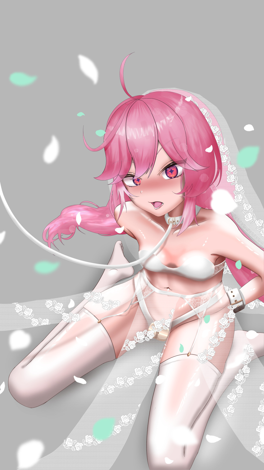 1girls belly_button blush bra bride chastity chastity_belt chastity_device collar eien_project female female_chastity female_only femsub hermit_(hermit_at_night) kiki_lockheart leash leash_and_collar light-skinned_female light_skin looking_at_viewer nose_blush padlock pink_eyes pink_hair socks solo thigh_socks thighhighs virtual_youtuber wedding_dress wedding_veil white_bra white_socks