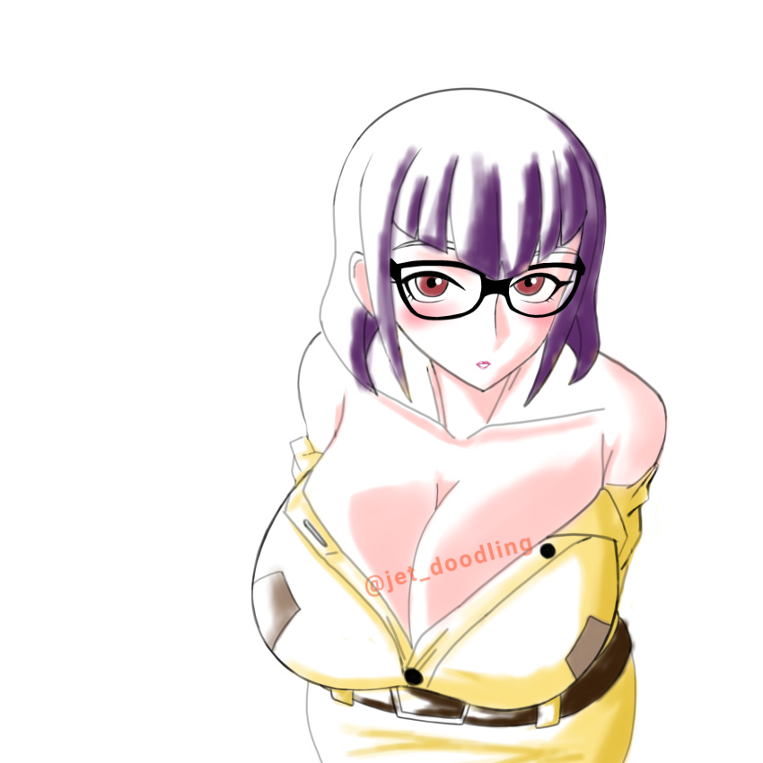 big_boobs big_breasts boobs breasts cleavage dinocore glasses huge_breasts jet_doodling kaya_(dinocore) large_breasts lipstick purple_hair tagme tits unbuttoned