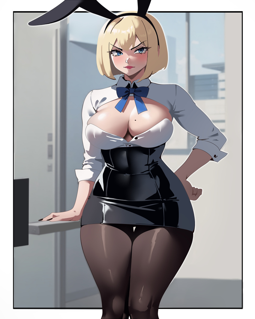 absurdres blonde_hair blush breasts female hair_ornament highres large_breasts lastofrabbit looking_at_viewer non-web_source original pantyhose solo