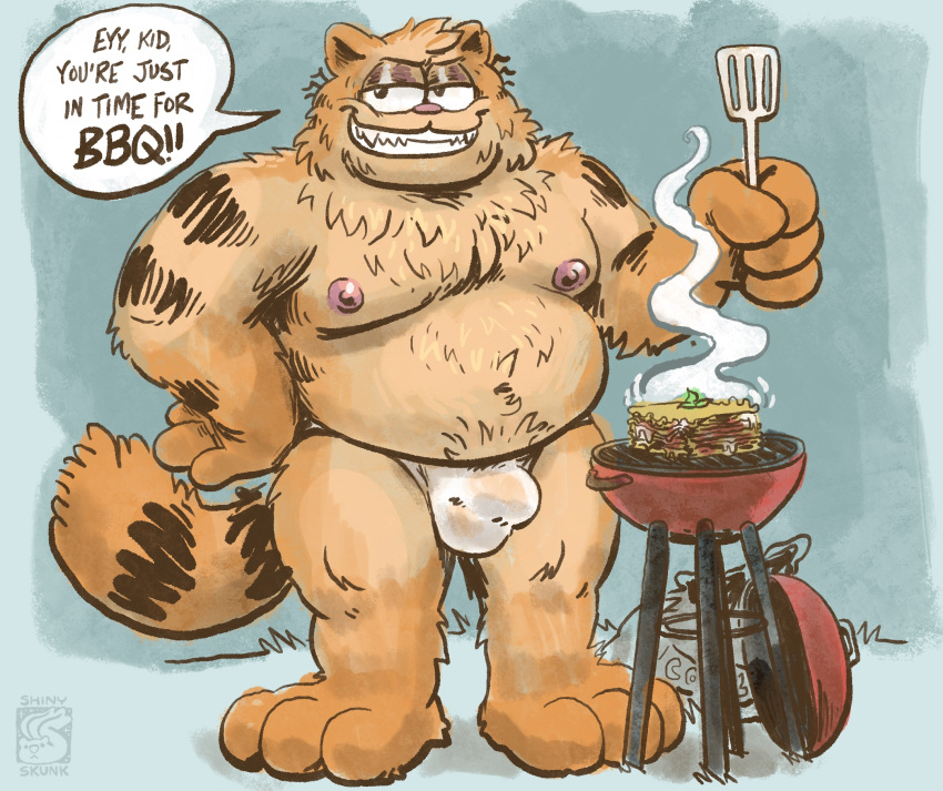 anthro barbecue bulge clothed clothing columbia_pictures cooking domestic_cat felid feline felis food garfield_(series) hi_res male mammal paws,_inc. shinyluvdisc the_garfield_movie_(2024) underwear underwear_only vic vic_(garfield)