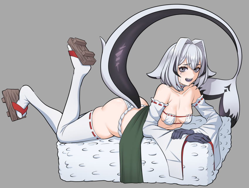 1girls bra clothed clothing cooterzi eien_project female female_only food_play geta gloves grey_background grey_eyes grey_hair japanese_clothes kilia_kurayami light-skinned_female light_skin rice shark_girl shark_tail sharp_teeth simple_background skimpy_clothes solo tail traditional_clothes virtual_youtuber