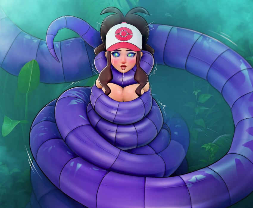 3d arbok asphyxiation baseball_cap blush brown_hair cleavage coiled game_freak hilda_(pokemon) hypnosis kaa_eyes kingocrsh long_ponytail nintendo pokemon pokemon_bw ponytail snake