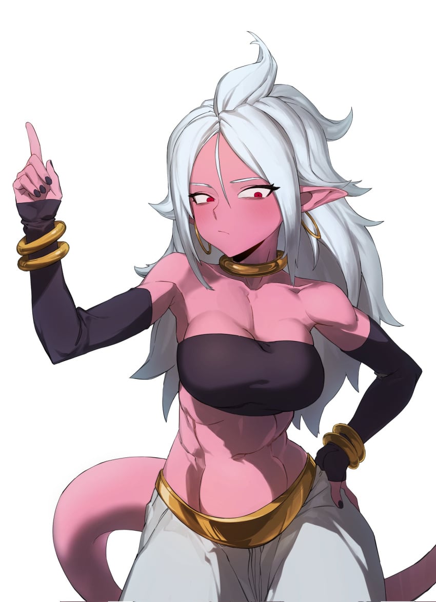 1girls android_21 arabian_clothes athletic_female belly_button big_breasts black_nails blush blushing dragon_ball dragon_ball_fighterz dragon_ball_z fit_female four_pack hoop_earrings jewelry long_hair looking_at_viewer majin_android_21 muscular_female navel pink_body pink_skin pointy_ears red_eyes solo solo_female spiked_hair spiky_hair tail white_hair zquung