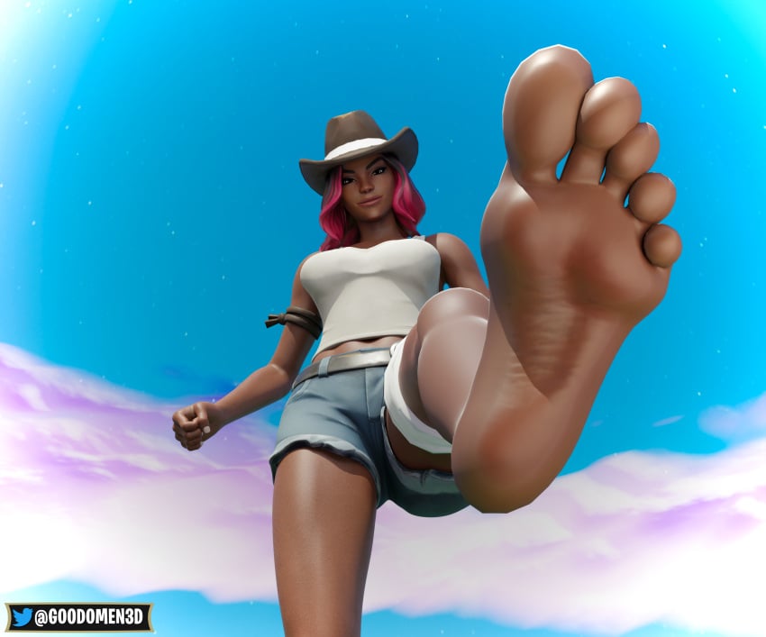 3d 3d_(artwork) blender bottom_view calamity_(fortnite) clothed clothing cow_girl cowboy_hat cowgirl dark-skinned_female foot foot_fetish fortnite fortnite:_battle_royale fully_clothed fully_clothed_female goodomen3d looking_down looking_down_at_viewer sole_female soles