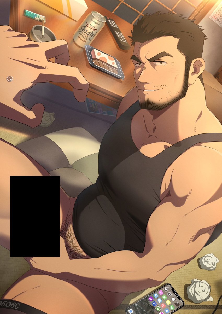 1boy bar_censor bara beard beer_can black_tank_top brown_hair can censored cigarette facial_hair feet_out_of_frame gay grey_male_underwear hair_slicked_back head_tilt highres large_pectorals male_focus male_pubic_hair male_underwear muscular muscular_male mustache_stubble no_pants original oro9 paid_reward_available pectoral_cleavage pectorals penis_grab phone pov pov_hands pubic_hair seductive_smile short_hair sidepec sitting smile solo_focus sweat sweating_profusely tank_top thick_eyebrows thick_thighs thighs underwear underwear_around_one_leg used_tissue