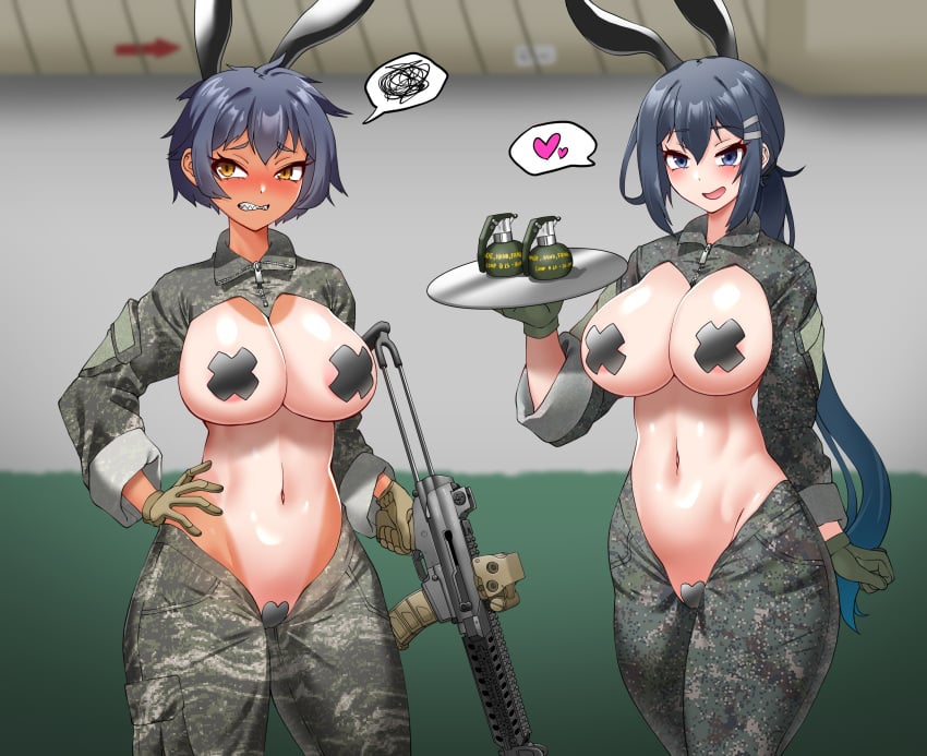 2girls annoyed belly_button black_heart_pasties black_pasties blue_eyes blush embarrassed fake_animal_ears fake_rabbit_ears female female_only grenades gun heart_pasties hitch_(hitch_driessen/perotoss400/kirochef) light-skinned_female light_skin military military_hat military_uniform multiple_girls original pasties plate pussy_pasty revealing_clothes reverse_bunnysuit reverse_outfit rokmc_chan sharp_teeth spoken_hearts spoken_squiggle tan-skinned_female tan_skin tanline tomboy weapon x_pasties yellow_eyes