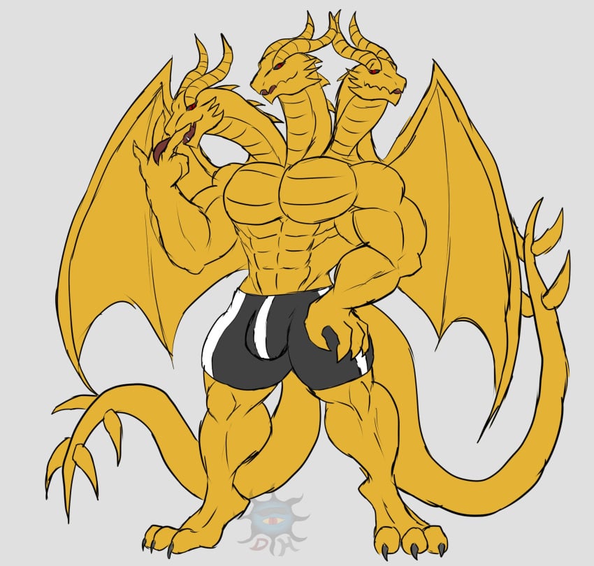 3_heads abs anthro arm_on_thigh biceps biped bottomwear bulge clothing daikuhiroshiama digitigrade dragon ghidorah_(species) godzilla_(series) hi_res horn hydra kaiju king_ghidorah looking_at_viewer male membrane_(anatomy) membranous_wings monster multi_head muscular muscular_anthro muscular_male muscular_thighs open_mouth pecs pose red_eyes scalie serratus shorts simple_background solo solo_male tail teeth toho tongue tongue_out triceps wings