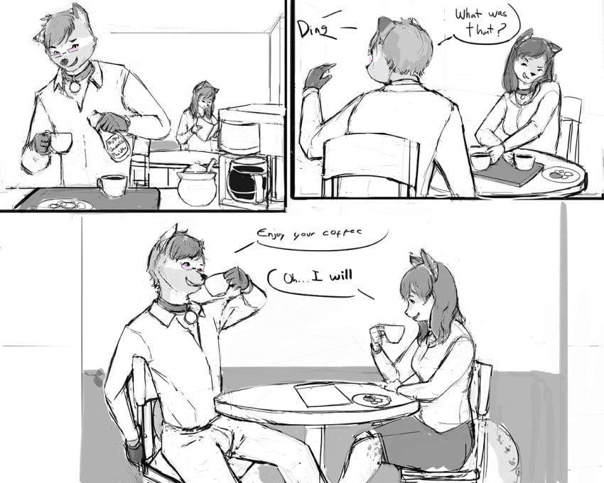 1boy 1boy1girl 1girls anthro coffee_cup date_rape dialogue drugged english_text female furry glasses male miniskirt sketch skirt speech_bubble table wobblesbabbles