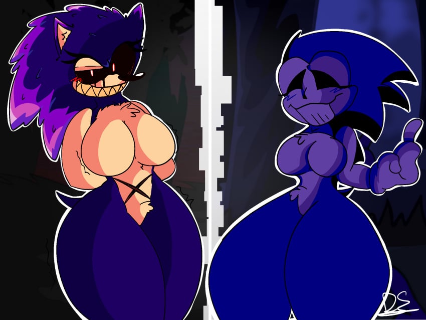 2girls big_breasts black_eyes bleeding_eyes blue_fur blush blushing_at_viewer breasts chest_fur chest_tuft female female_only finger_wagging friday_night_funkin friday_night_funkin_mod furry genderswap_(mtf) majin_sonic red_eyes smiling smiling_at_viewer sonic.exe sonic.exe_(series) sonic_the_hedgehog tail thick_thighs thighs xenophanes_sonic