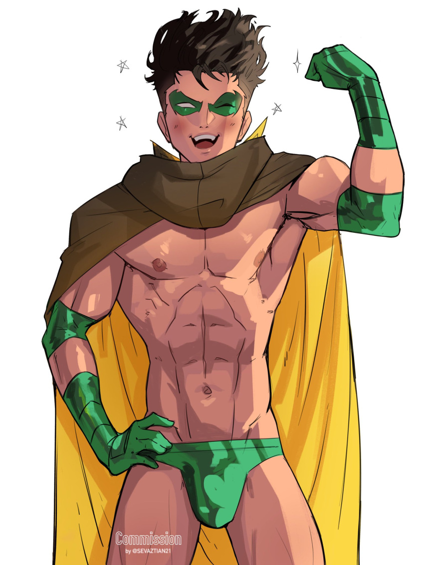 1boy abs bara batman_(series) biceps bulge bulging_biceps cape caucasian caucasian_male damian_wayne dc dc_comics flexing hand_on_hip looking_at_viewer male male_only maskes muscles muscular muscular_male pecs posing robin_(damian_wayne) robin_(dc) sevaztian shirtless_male smooth_chest smooth_skin solo solo_male superhero teen_boy underwear winking_at_viewer