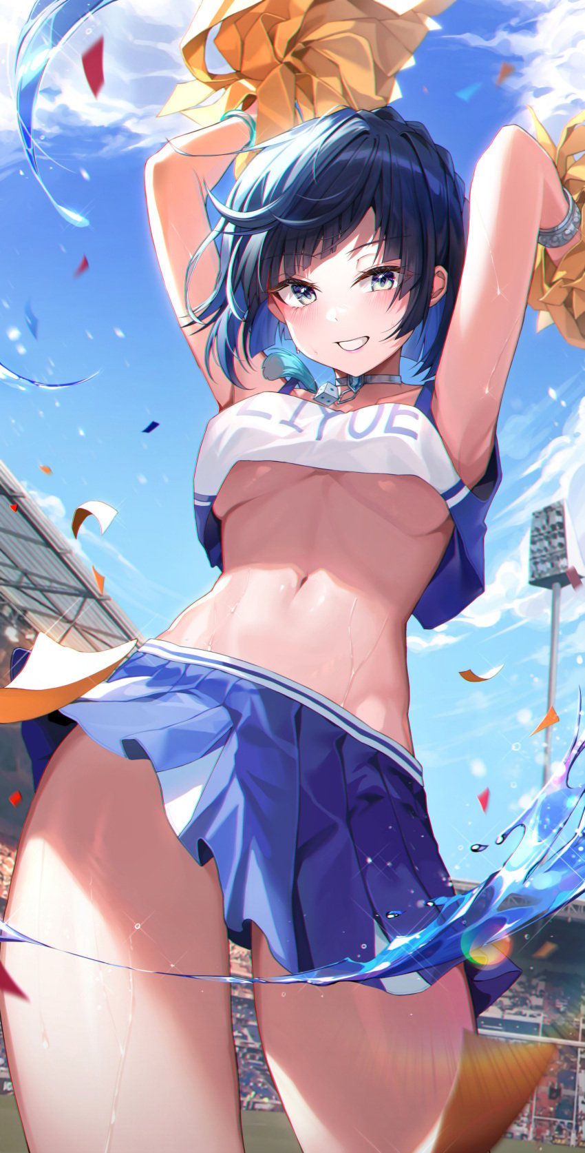 1girls absurdres ai_generated alternate_costume armpits arms_up bangle bare_arms blue_hair blue_skirt blue_sky bracelet breasts cheerleader choker cloud confetti contemporary cowboy_shot crop_top crop_top_overhang dark_blue_hair day diagonal_bangs dice female from_below genshin_impact green_eyes grin happy_female highres holding holding_pom_poms jewelry large_breasts lisa_78 looking_at_viewer navel neck_tassel outdoors pleated_skirt pom_pom_(cheerleading) pom_poms shirt short_hair skirt sky sleeveless sleeveless_shirt smile solo stadium stadium_lights stomach sweat tassel thighs underboob water wet white_choker white_shirt yelan_(genshin_impact)