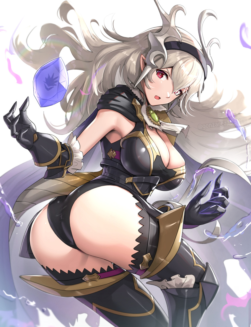 1girls alternate_costume armor ascot ass ass_focus back bare_thighs big_ass black_panties blush breasts cape cleavage corrin_(female)_(fire_emblem) corrin_(female)_(nohr_noble)_(fire_emblem) corrin_(fire_emblem) corrin_(fire_emblem)_(female) dragon_girl dragon_horns dragonstone female female_only fire_emblem fire_emblem_fates fire_emblem_heroes frills from_behind gloves gonzarez hair_between_eyes hairband highres horns huge_ass inner_thighs large_breasts long_hair looking_at_viewer looking_back nintendo official_alternate_costume open_mouth panties pointy_ears red_eyes revision solo thick_thighs thighhighs thighs underwear white_hair